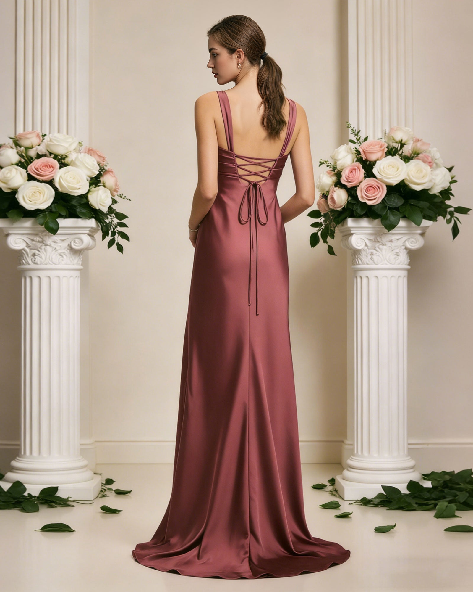 satin cowl neck bridesmaid dress with spaghetti straps and bias cut - image 7