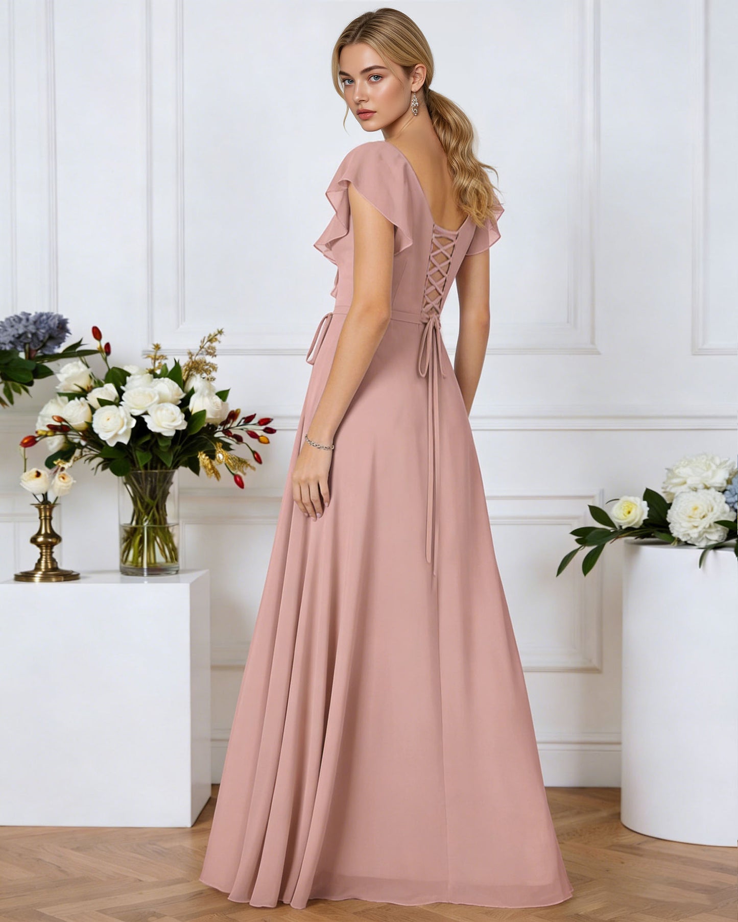 tie neck chiffon bridesmaid dress with flutter sleeves - image 6