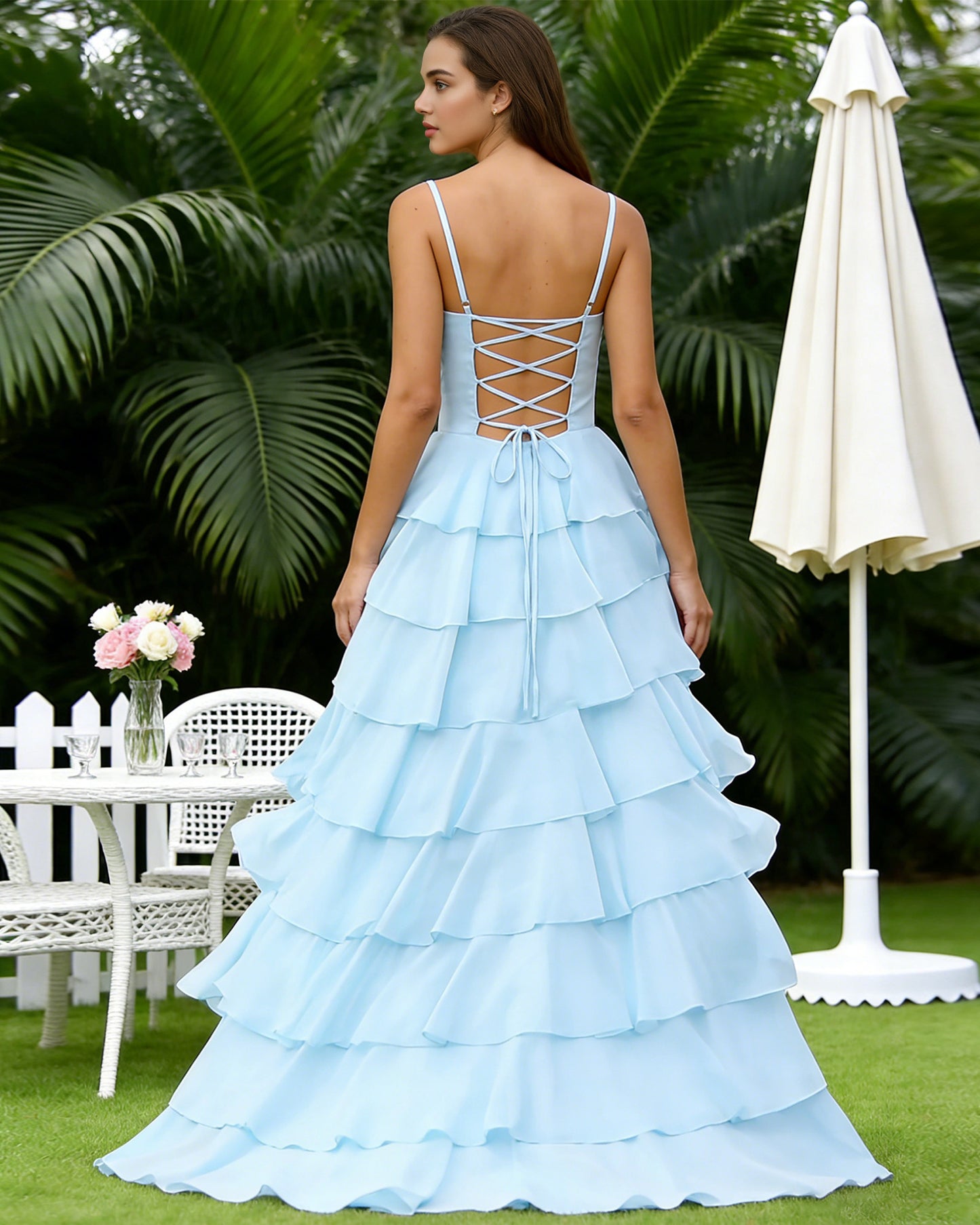 light blue spaghetti strap tiered chiffon A-line prom dress with ruffle dress - image 6