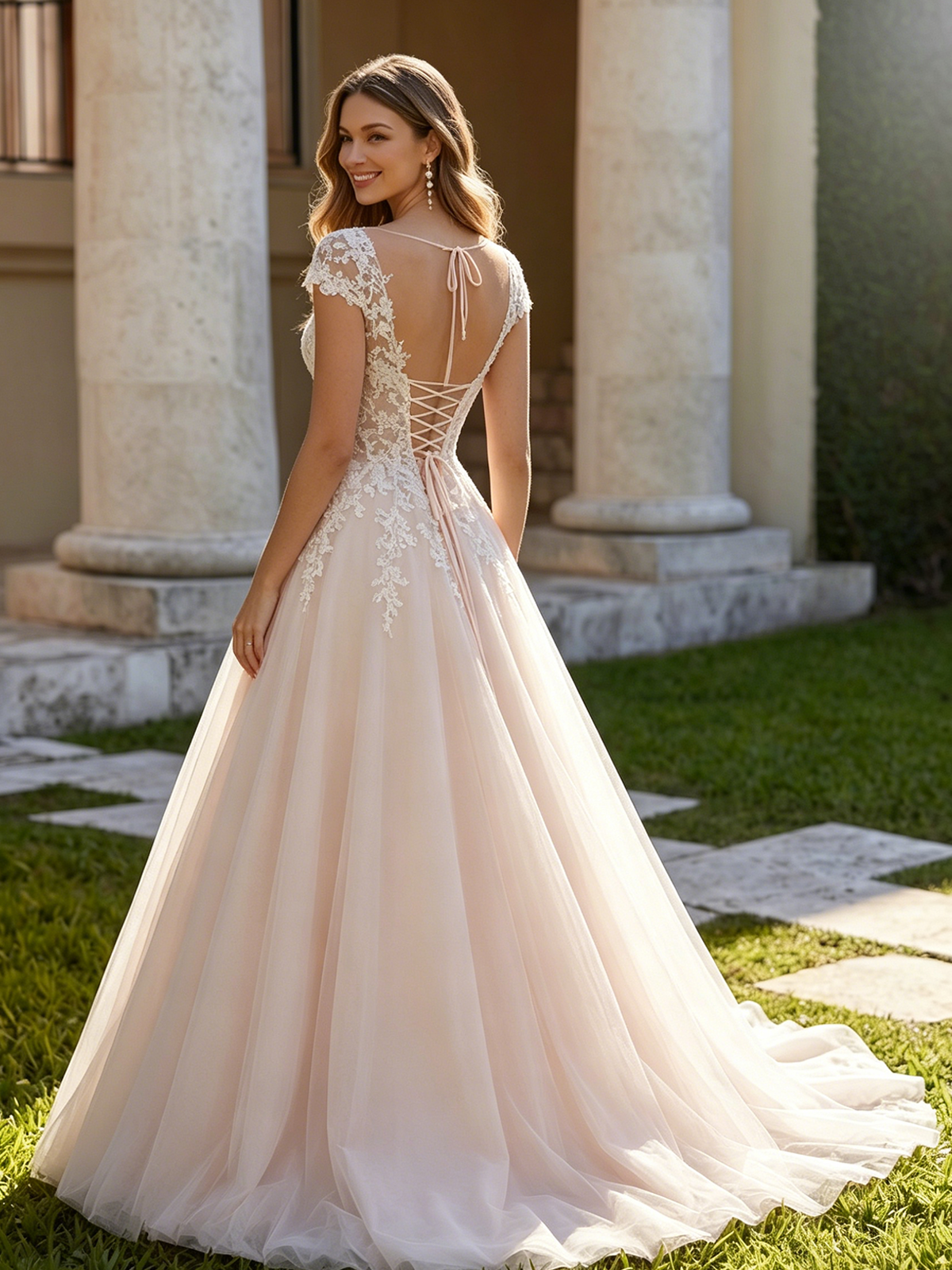 cap sleeve lace tulle A-line wedding dress with V-neck bodice - image 6