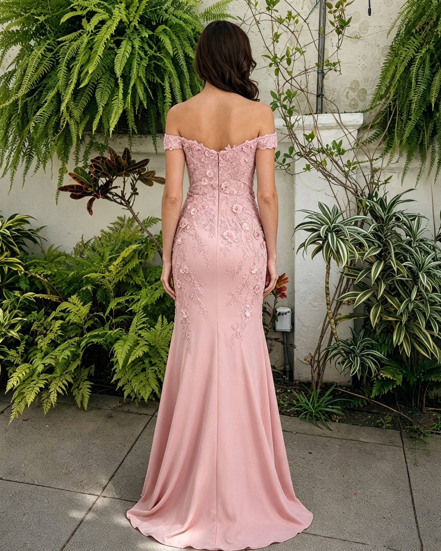 Scalloped Off-Shoulder Lace Mermaid Mother of the Bride Dress - back view of lace bodice and flared hem