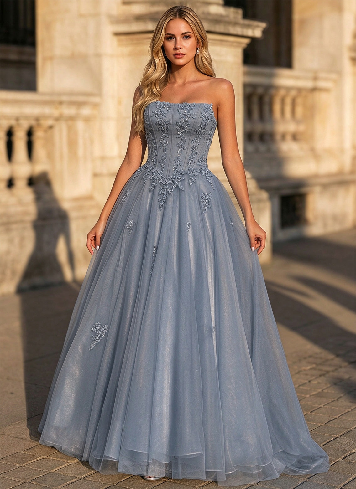Strapless Corset Tulle Ball Gown Floral Lace Applique Prom Dress