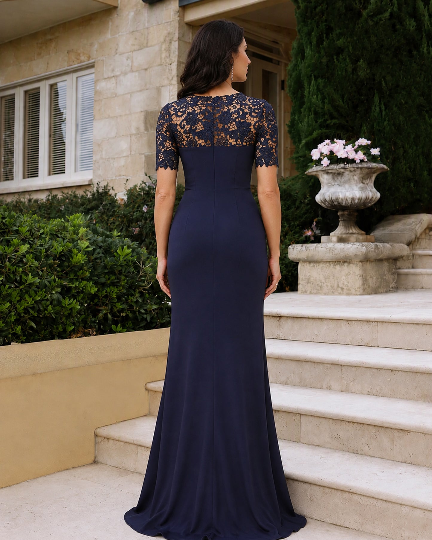Jewel Neck Lace Short Sleeve Mermaid Mother of the Bride Dress - full back view