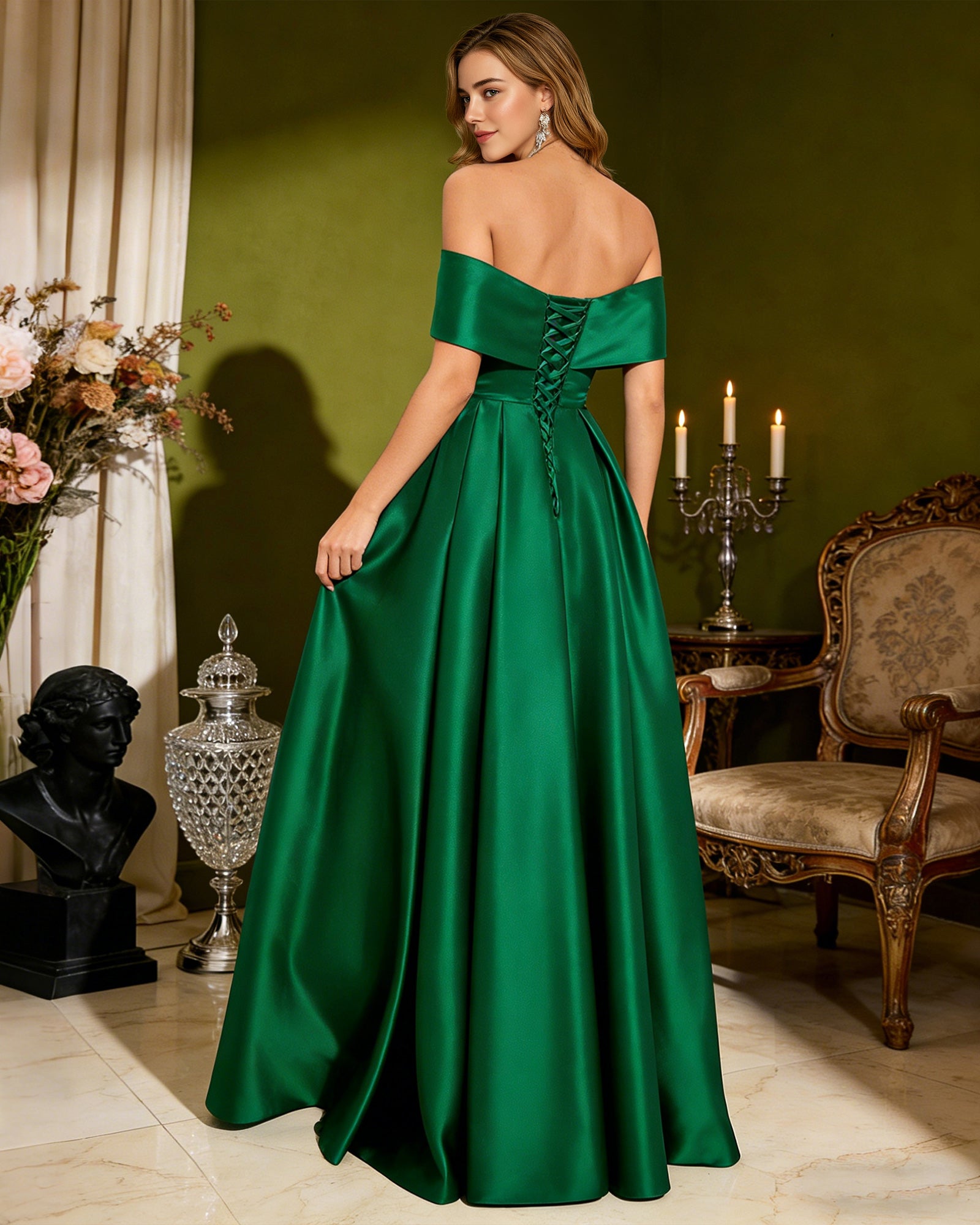 emerald strapless bow satin A-line prom dress with side slit - image 6
