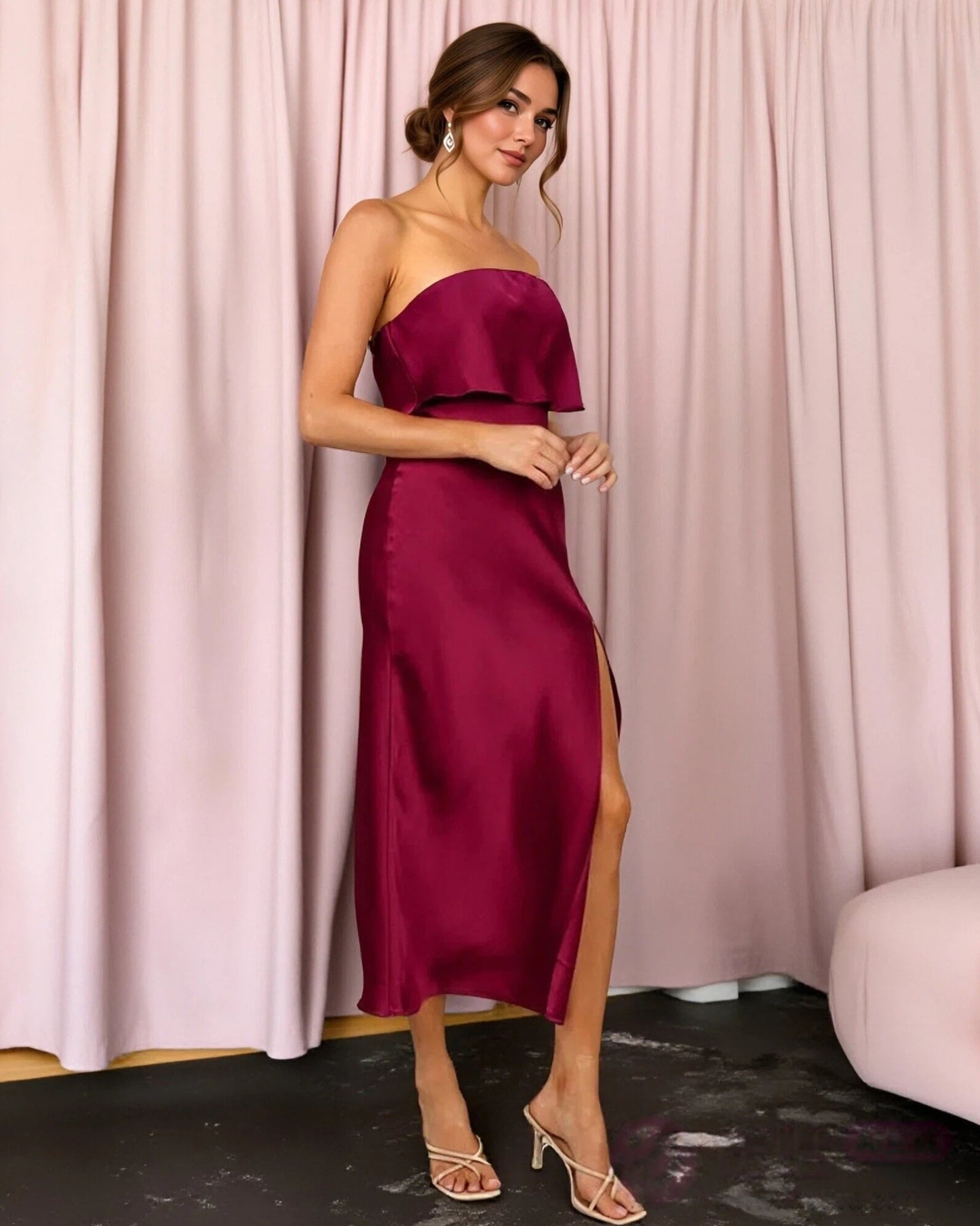burgundy strapless ruffle overlay satin midi formal dress with side slit - three-quarter view - image 5