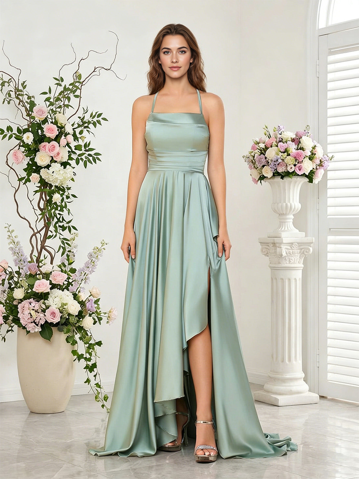 open back halter bridesmaid dress with high low overlay dress - image 6