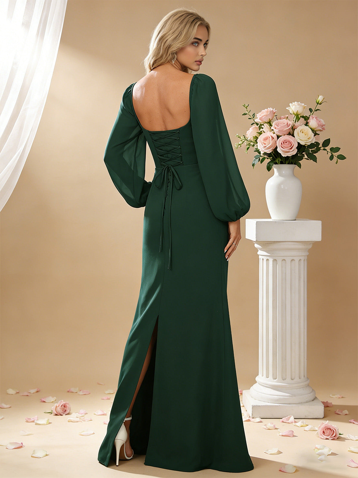 square neck long sleeve satin bridesmaid dress with side slit - image 6