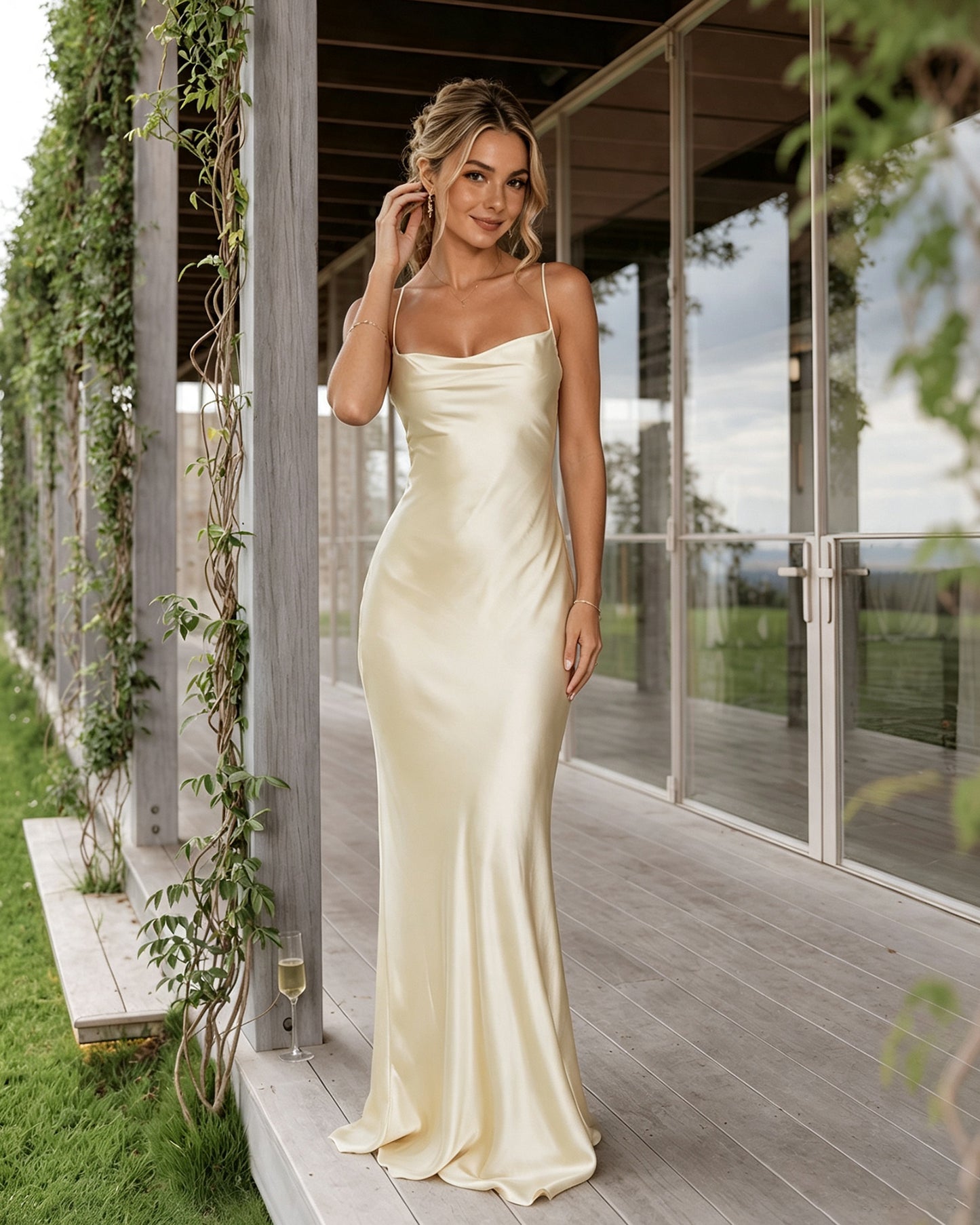 light yellow cowl neck satin bridesmaid dress with spaghetti straps and lace-up back - image 6