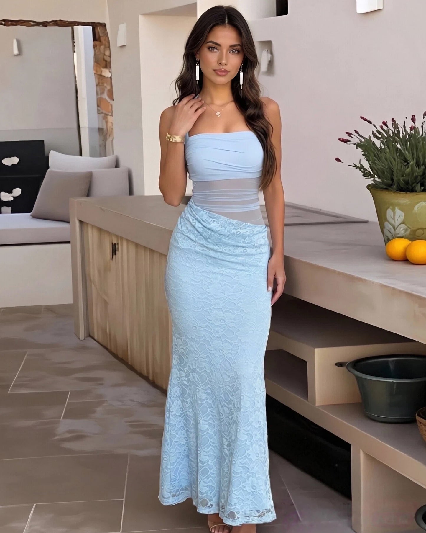 light blue square neck two piece lace mermaid formal dress with tie straps - front view - image 6