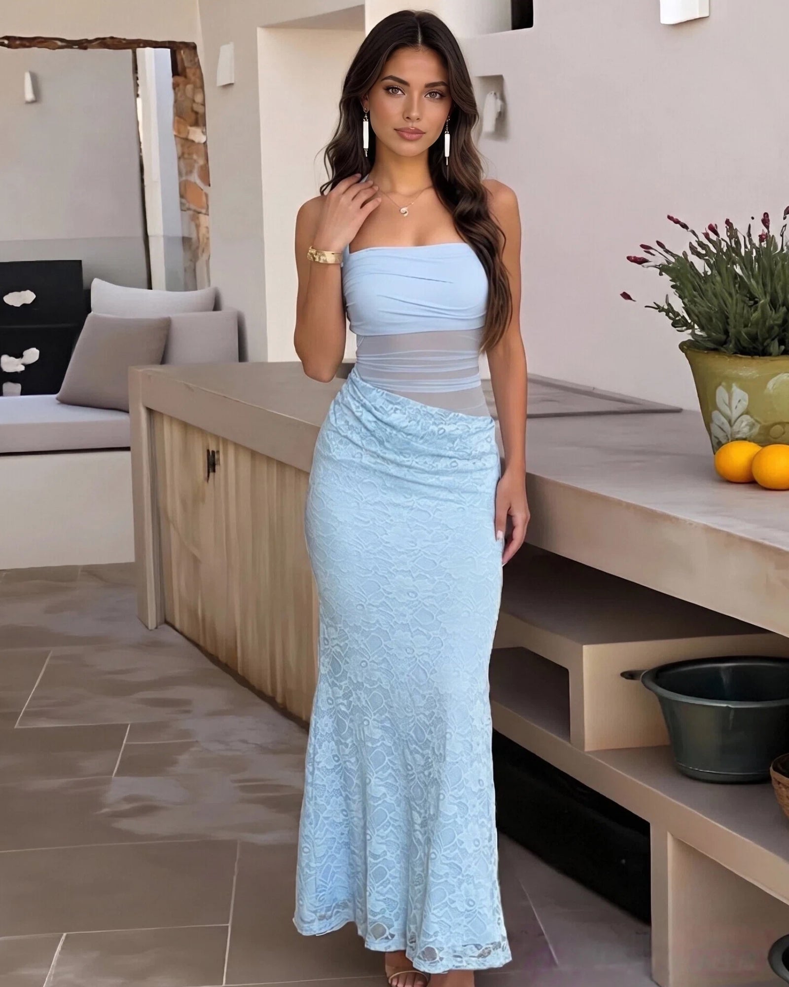 light blue square neck two piece lace mermaid formal dress with tie straps - front view - image 6
