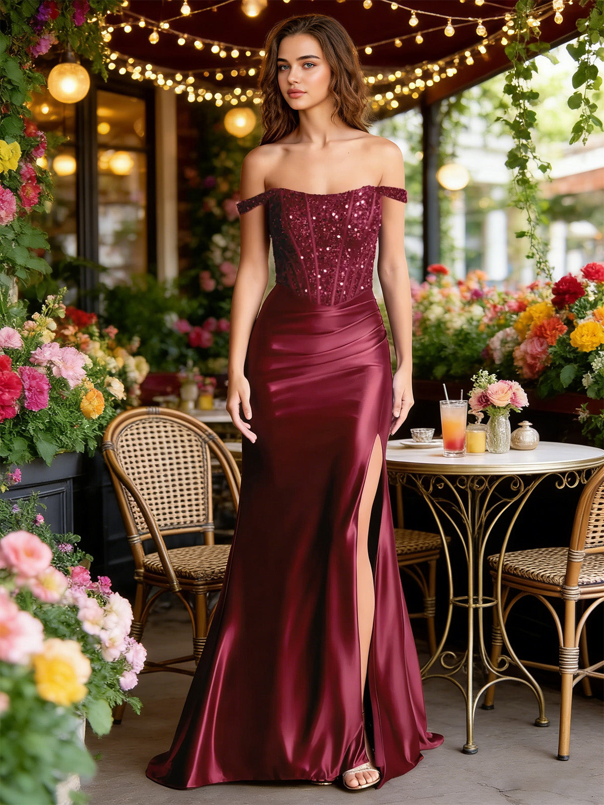 wine off shoulder sequin satin mermaid dress with draped dress slit - image 6