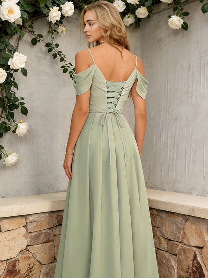 off shoulder midi bridesmaid dress with pleated bodice and flowing dress - image 7