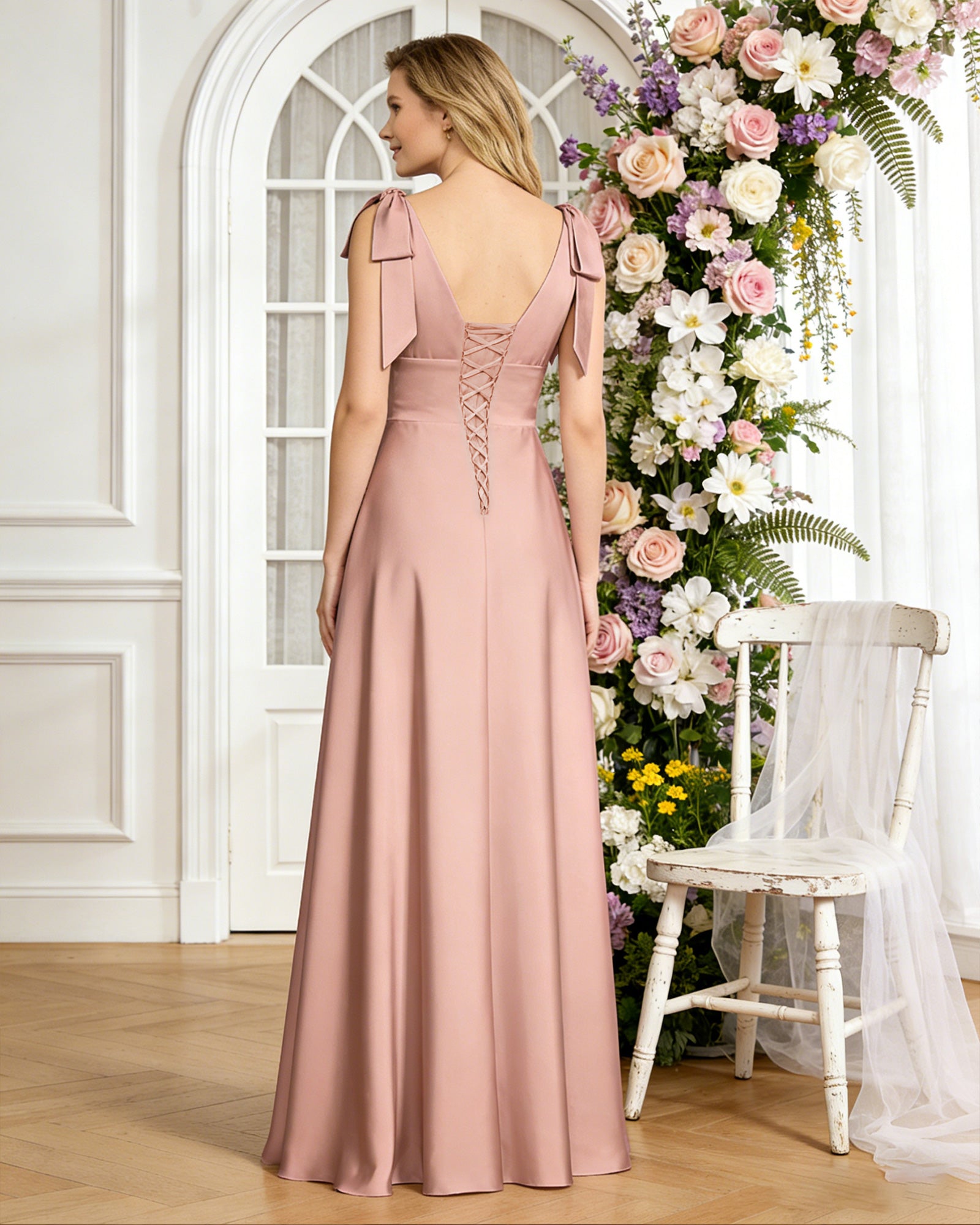 V-neck bow strap satin bridesmaid dress with empire waist - image 6