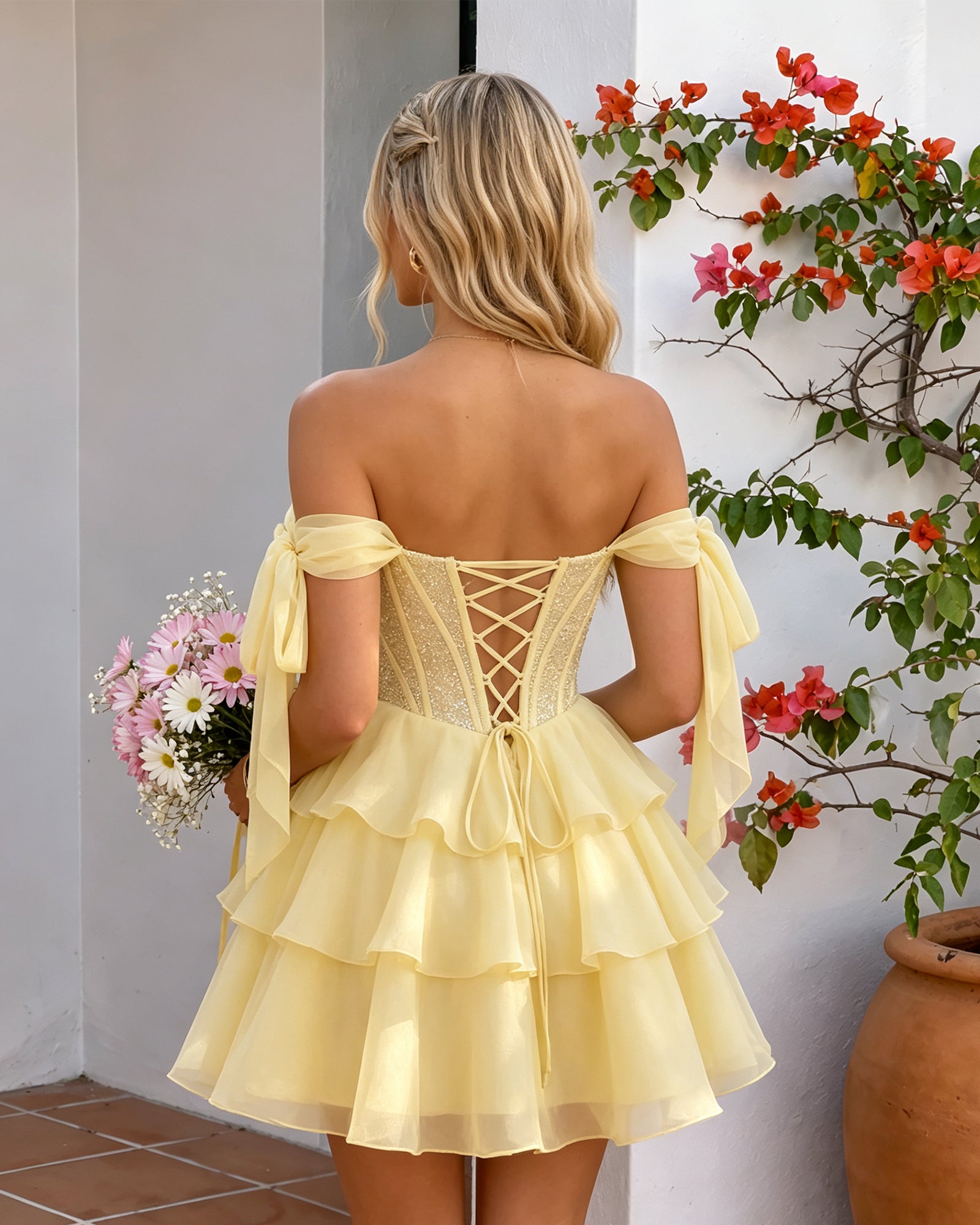 light yellow off-shoulder lace corset tiered tulle homecoming dress - alternate view