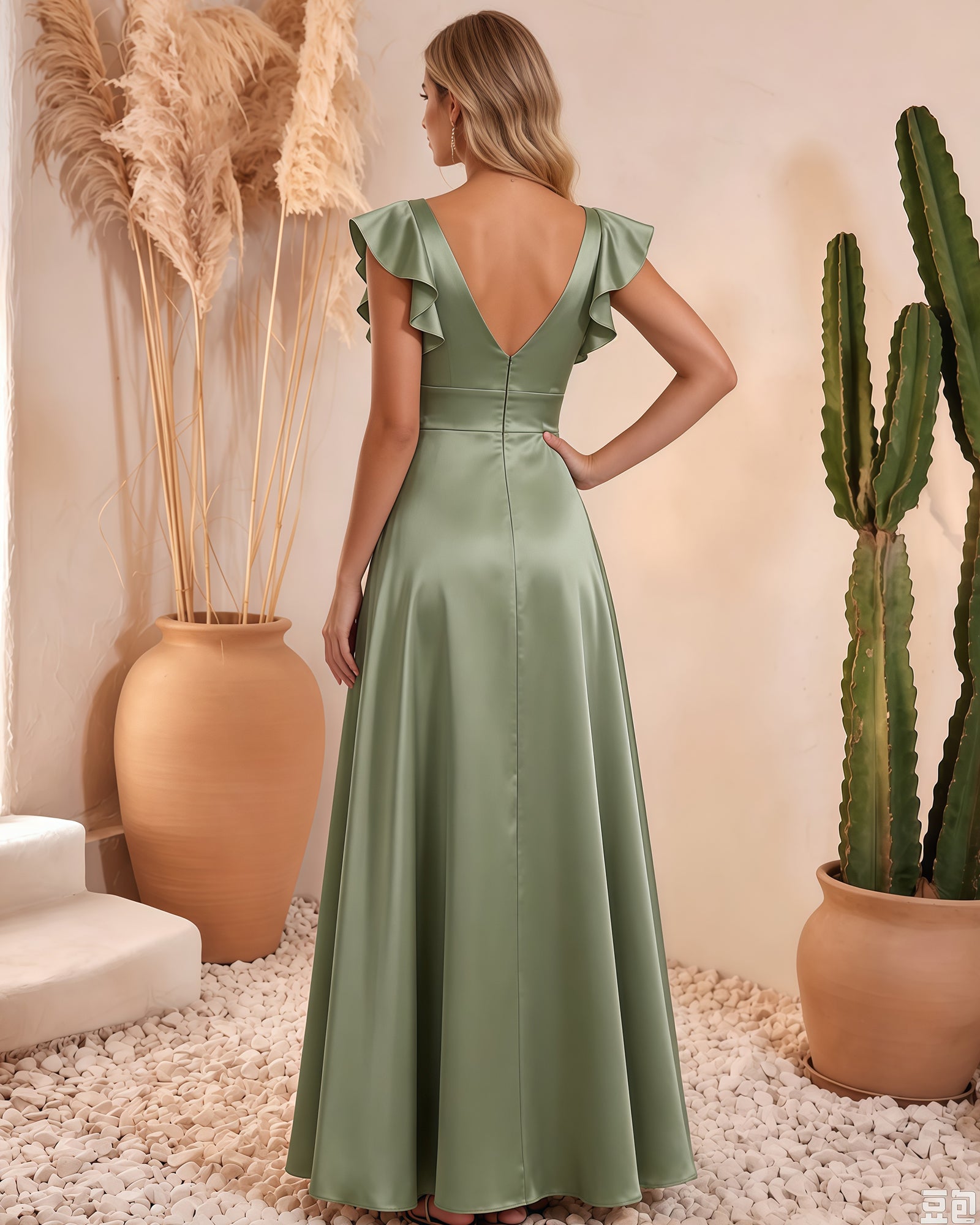flutter sleeve v-neck satin a-line formal dress - styled view