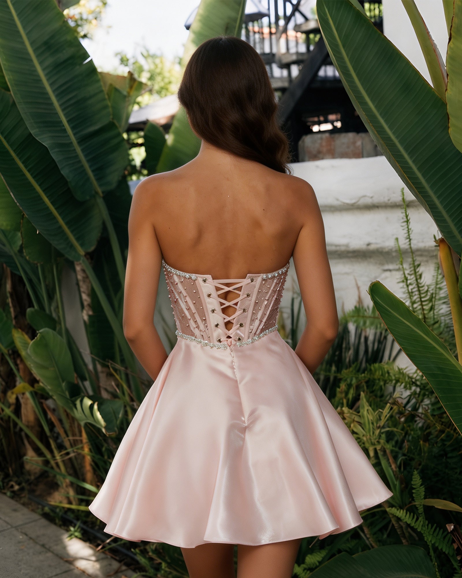 blush pink strapless crystal corset satin A-line homecoming dress - alternate view