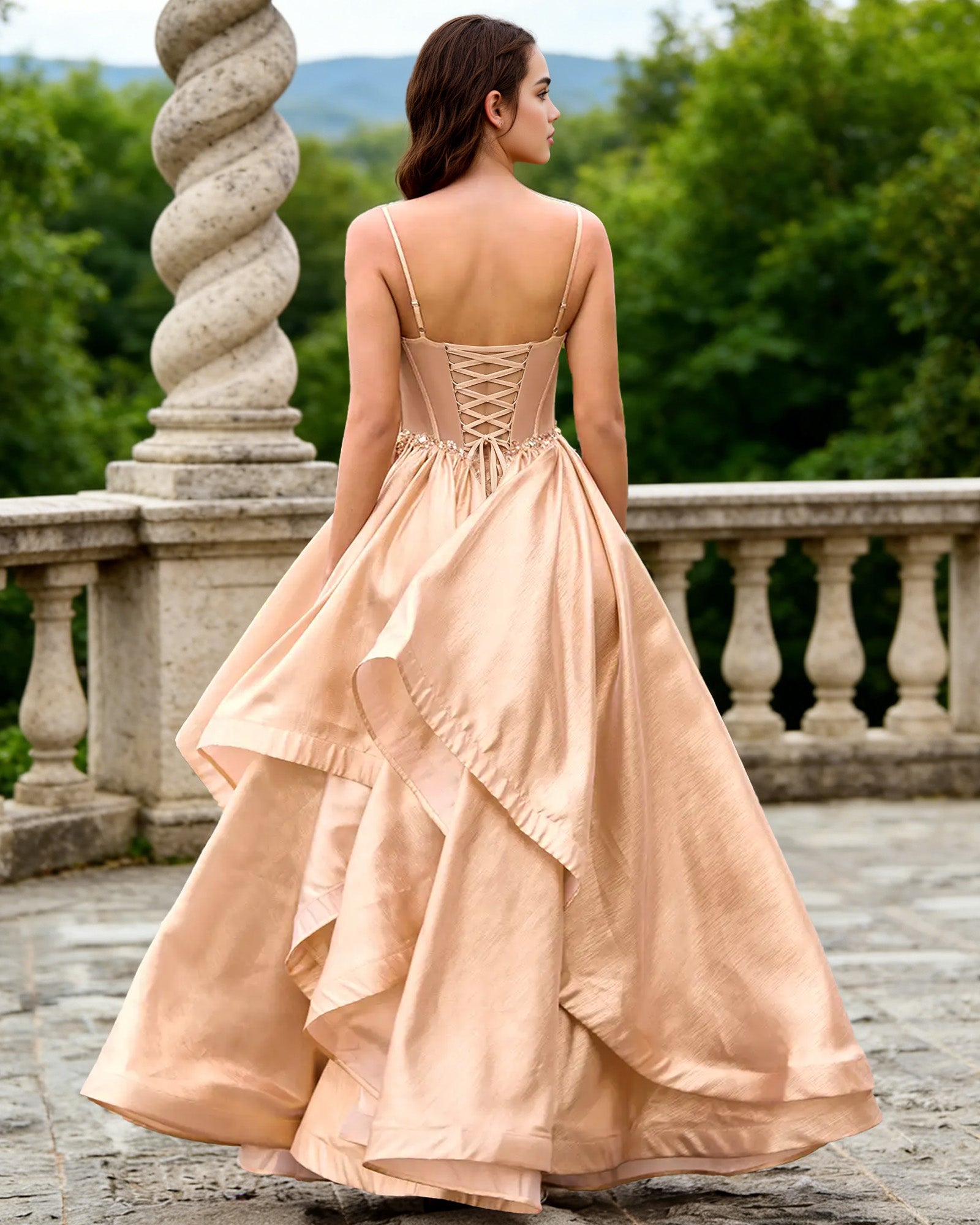 champagne sweetheart glitter tulle A-line prom dress with layered dress - image 6