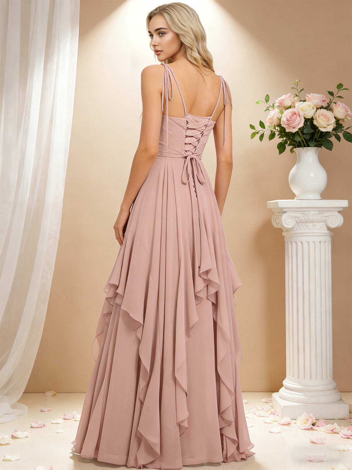 spaghetti strap chiffon bridesmaid dress with cascading ruffle dress - image 7