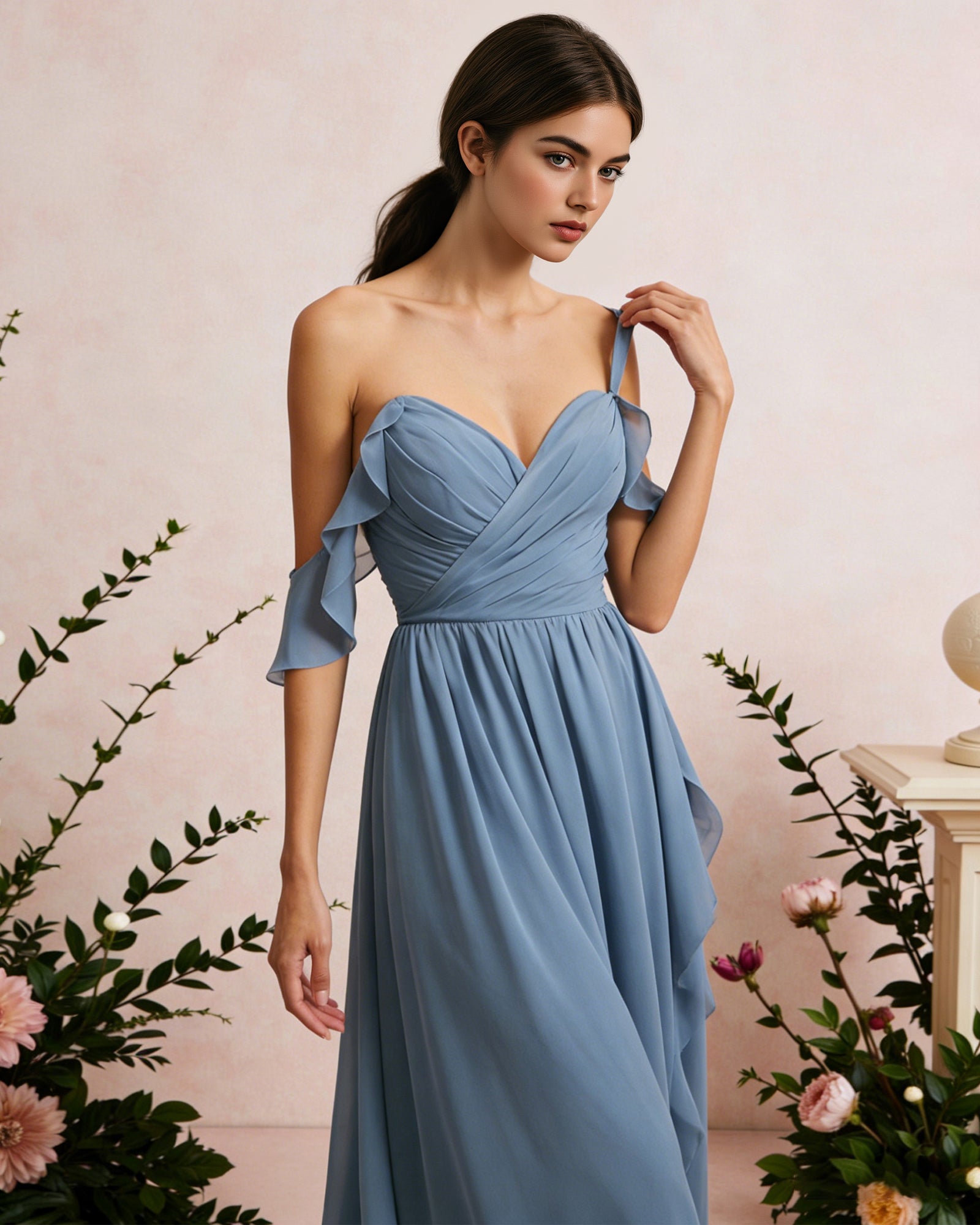 cold shoulder chiffon bridesmaid dress with draped V-neck bodice - image 6