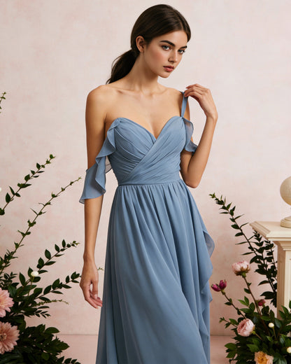 cold shoulder chiffon bridesmaid dress with draped V-neck bodice - image 6