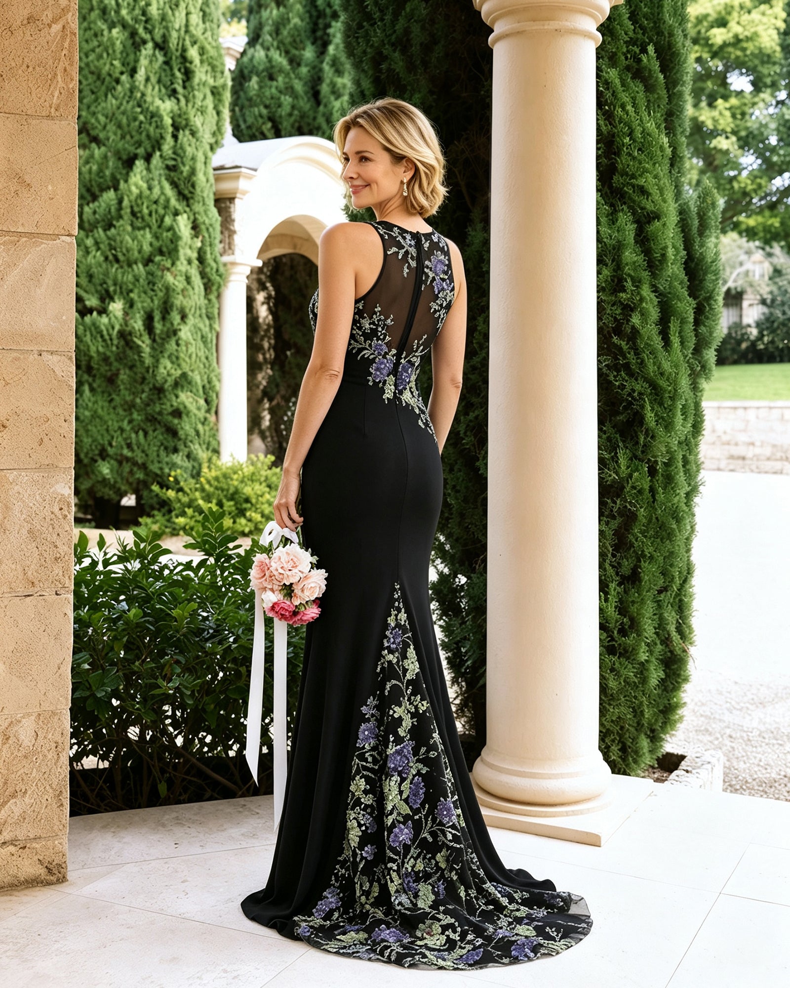 Floral Embroidered Halter Mother of the Bride Dress with Statement Train - back view of sheer embroidery and statement train