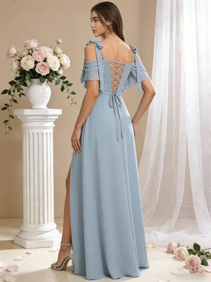 cowl neck cold shoulder bridesmaid dress with high slit chiffon skirt - image 6