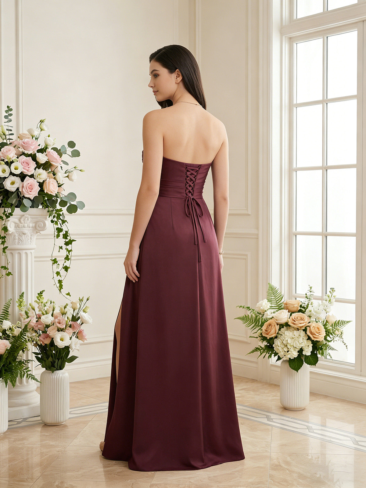 strapless pleated satin bridesmaid dress with side slit - image 6