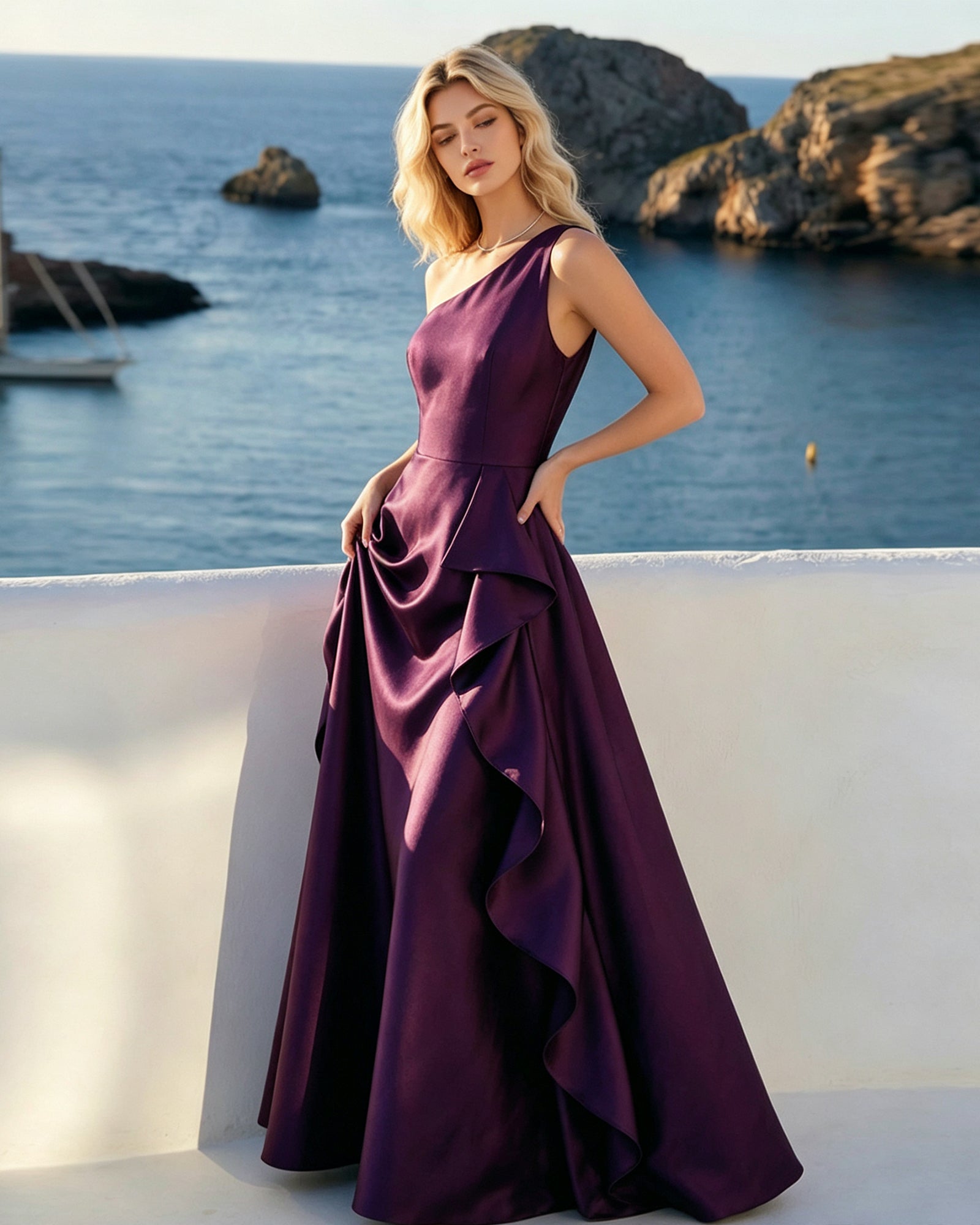 one shoulder satin ball gown with cascading ruffle dress - image 5
