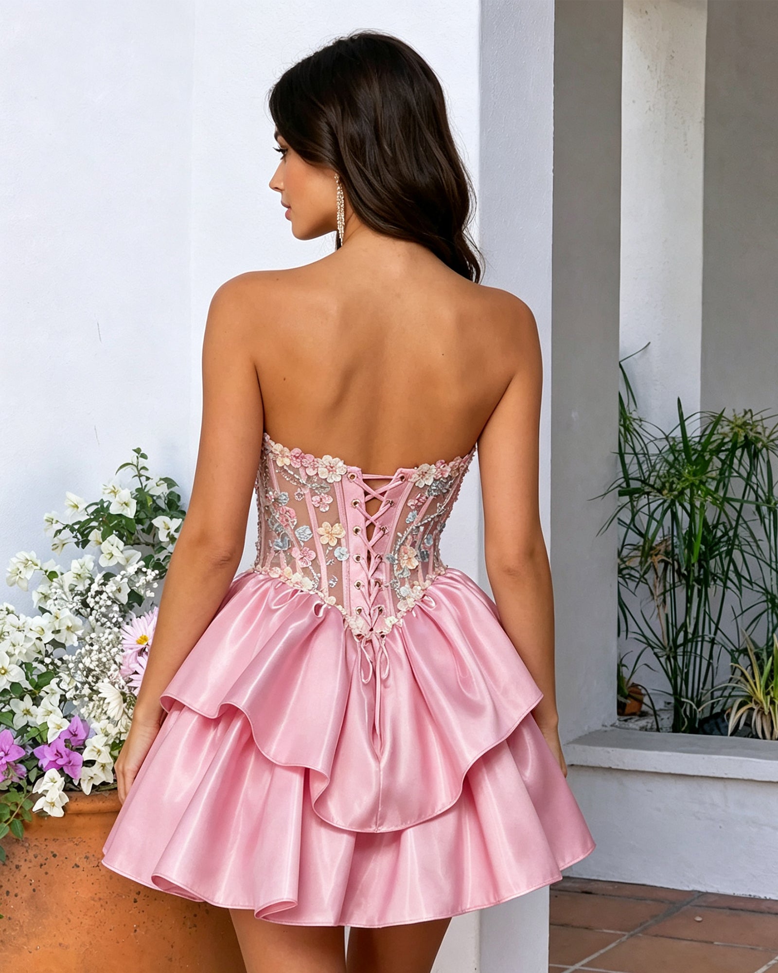 pink spaghetti strap crystal corset tiered satin homecoming dress - alternate view