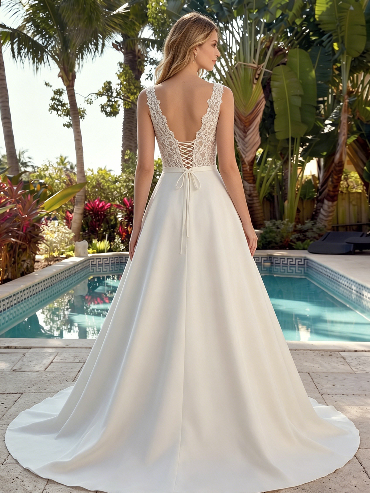 V-neck satin A-line wedding dress with lace bodice and train - image 6
