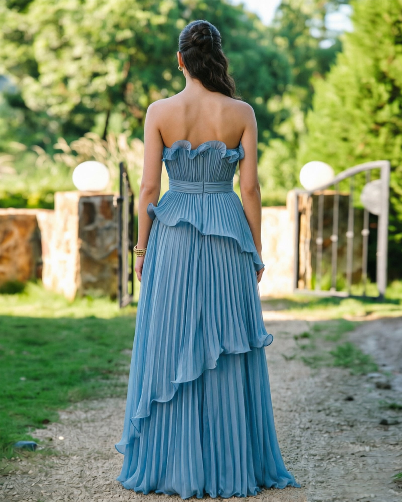 strapless ruffle pleated formal dress with tiered skirt - image 6
