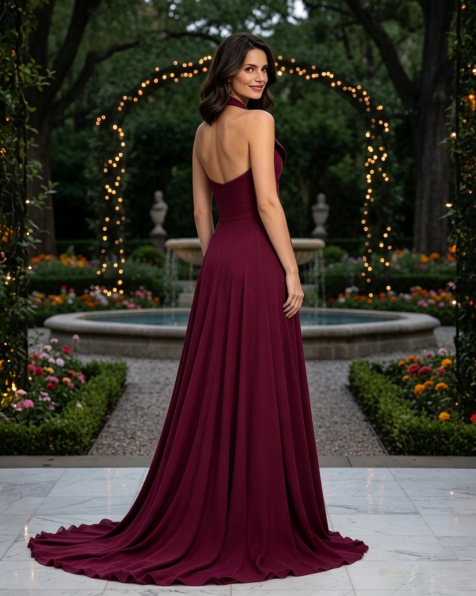 Lapel Halter A-Line Mother of the Bride Dress with Front Slit - open-back view with sweep train