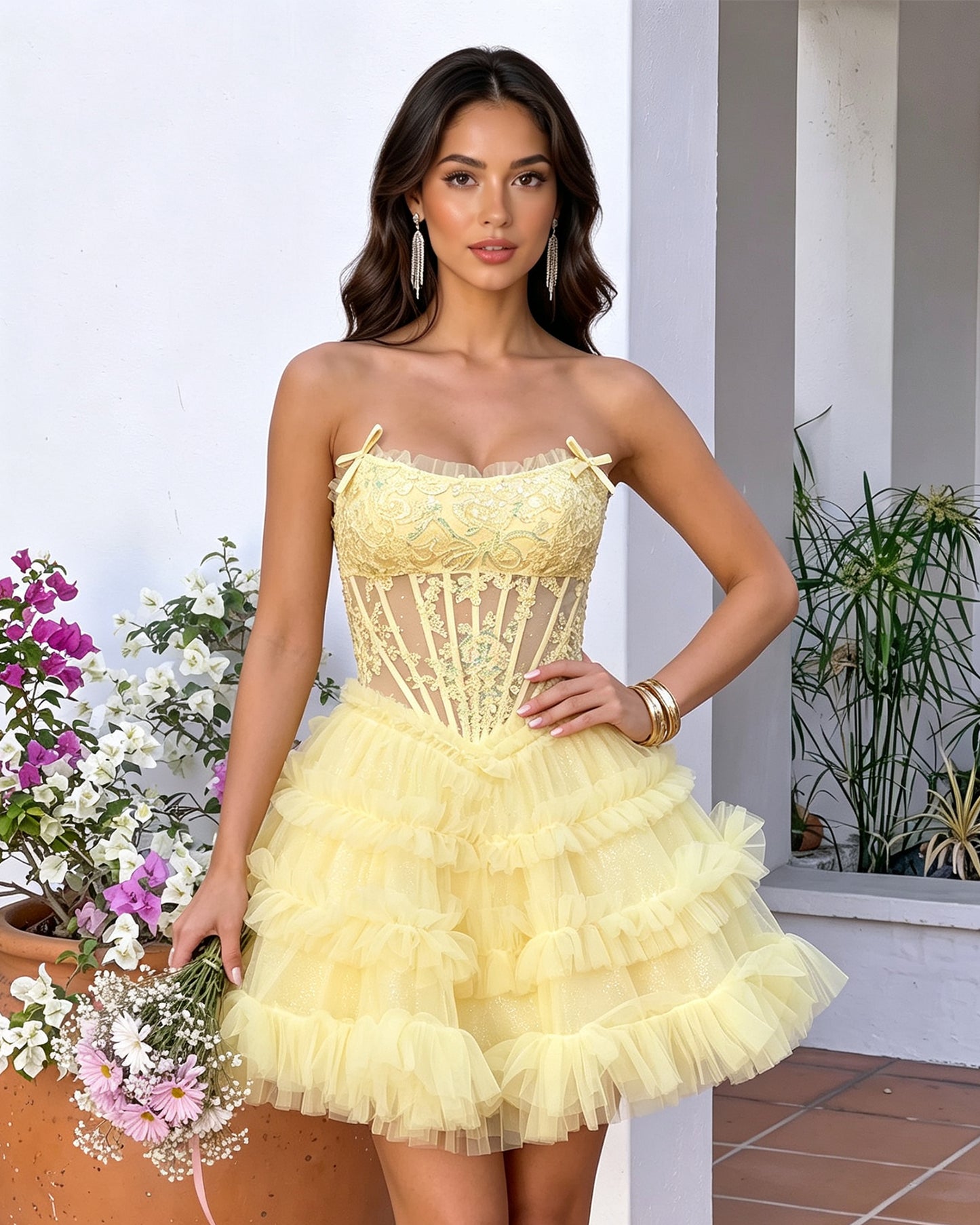 Spaghetti Strap Floral Lace Corset Tiered Tulle Mini Homecoming Dress - alternate front view