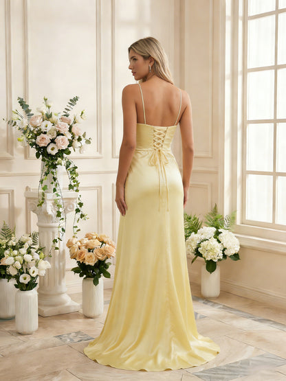 one shoulder satin bridesmaid dress with ruched waist and sweep train - image 6