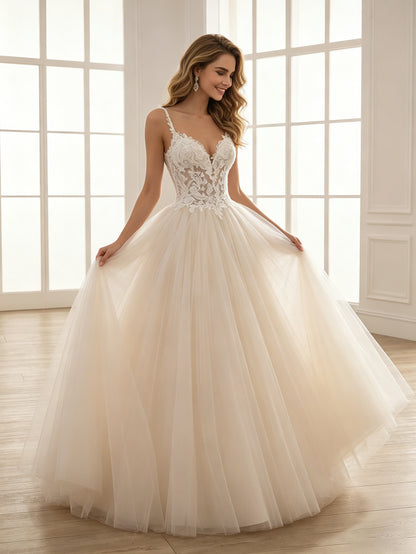 spaghetti strap lace tulle ball gown wedding dress with beaded bodice - image 6