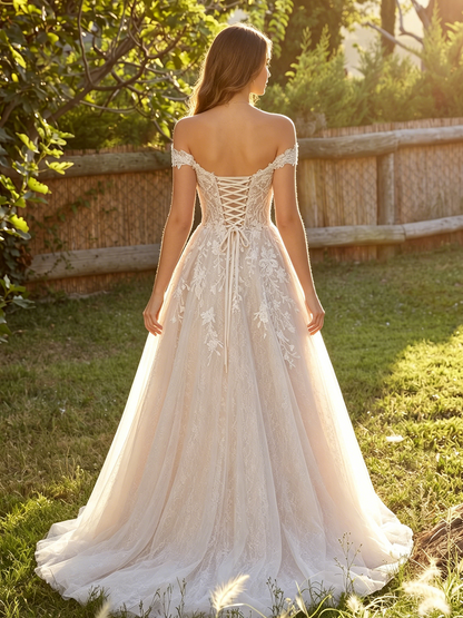 spaghetti strap lace tulle A-line wedding dress with floral applique - image 6