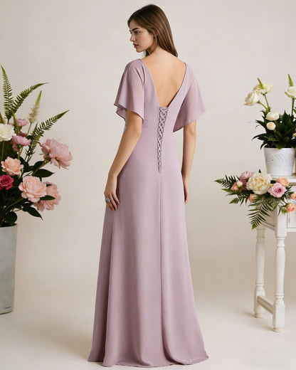 short sleeve V-neck chiffon bridesmaid dress with gathered waist - image 6