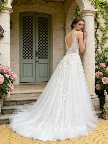 spaghetti strap lace tulle ball gown wedding dress with V-neck bodice - image 6