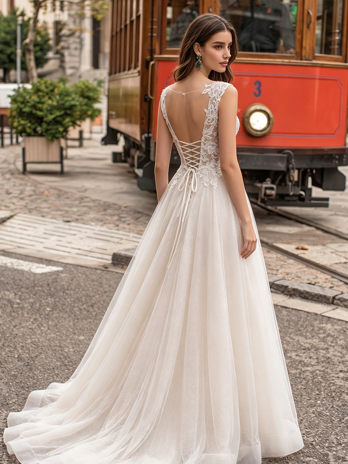 V-neck lace tulle A-line wedding dress with spaghetti straps - image 6