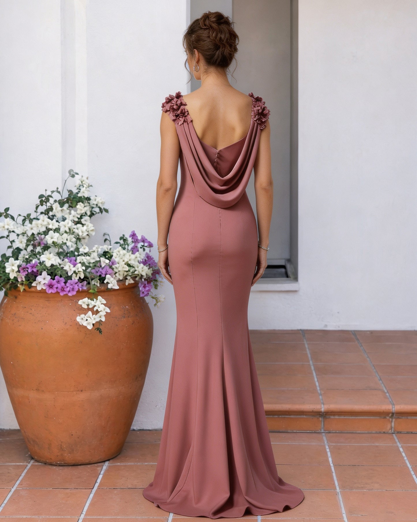 Floral Shoulder Mermaid Mother of the Bride Dress with Cowl Back - back view showing draped cowl and floral shoulders