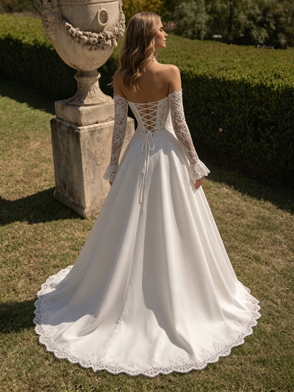 off shoulder lace ball gown wedding dress with corset back and train - image 6