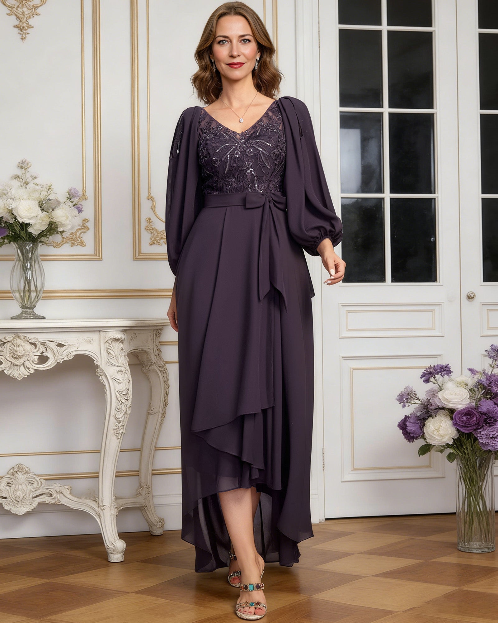 high low mother of the bride dress with lace bodice, chiffon jacket sleeves, tie waist, and layered skirt back or side view for mother of the bride occasion styling
