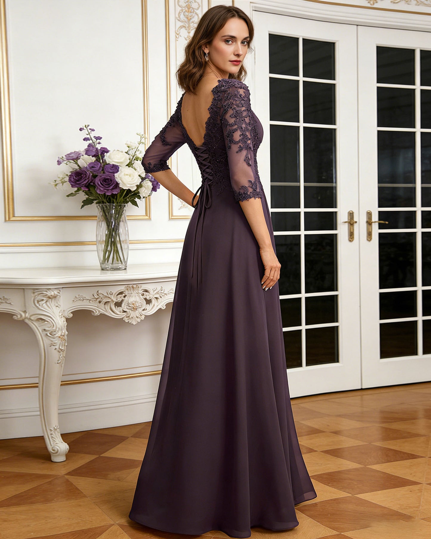 long sweetheart mother of the bride dress with lace three-quarter sleeves and flowing chiffon A-line skirt back or side view for mother of the bride occasion styling