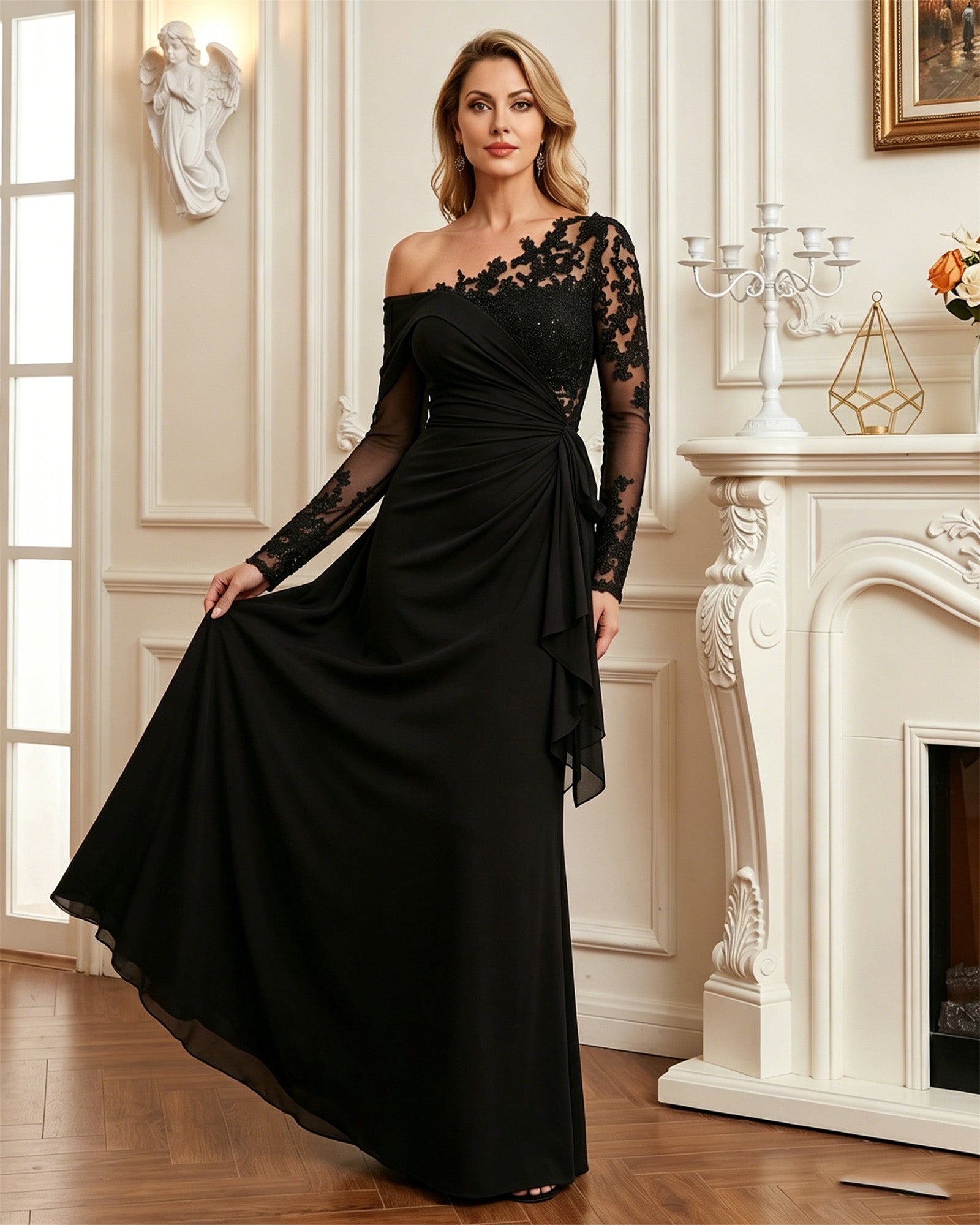 one shoulder long mother of the bride gown with lace illusion sleeve, mermaid skirt, and draped ruffle back or side view of the bridal party dress silhouette