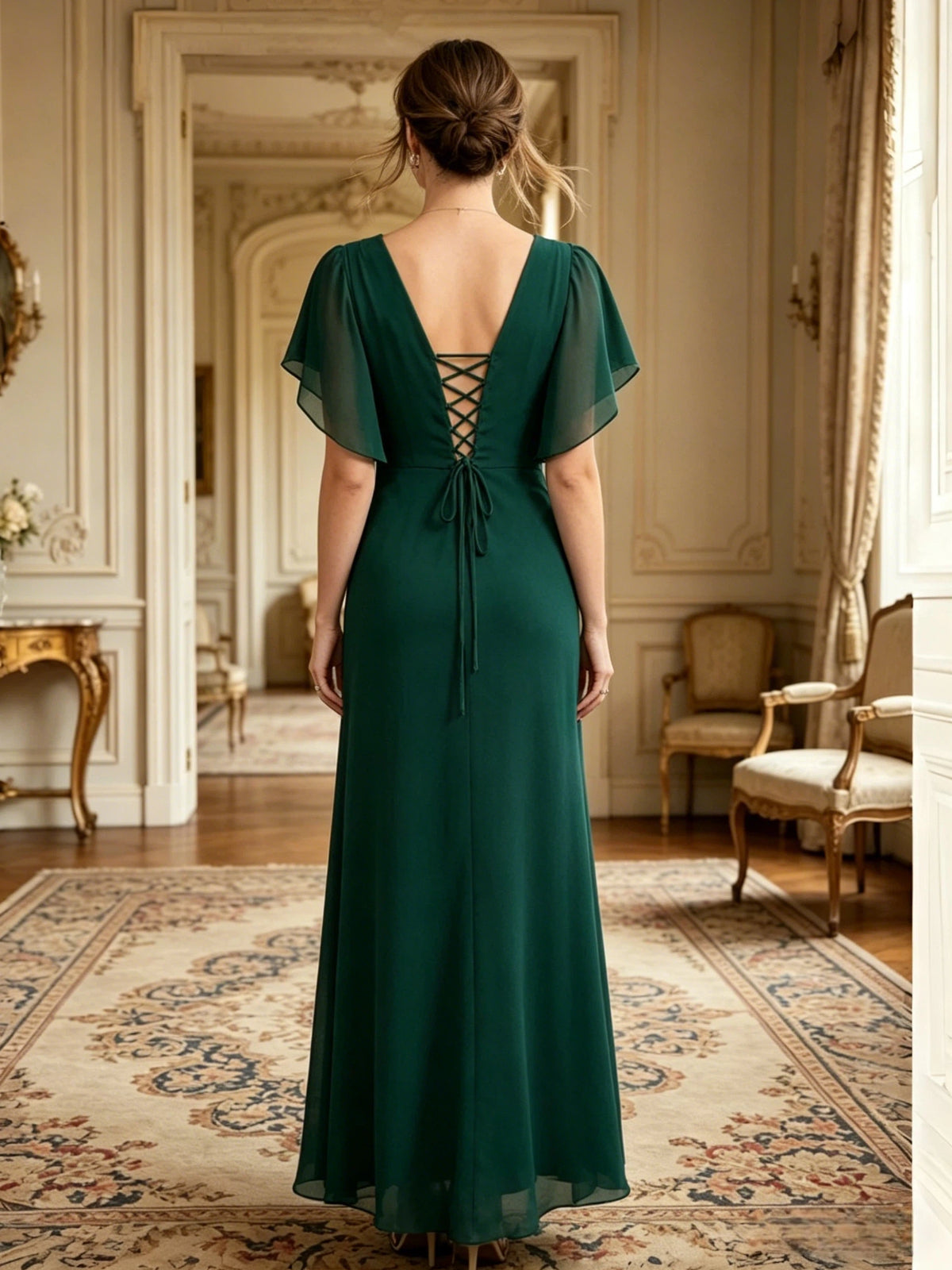 long chiffon mother of the bride A-line gown with V-neck, flutter sleeves, and beaded waist detail back or side view of the bridal party dress silhouette