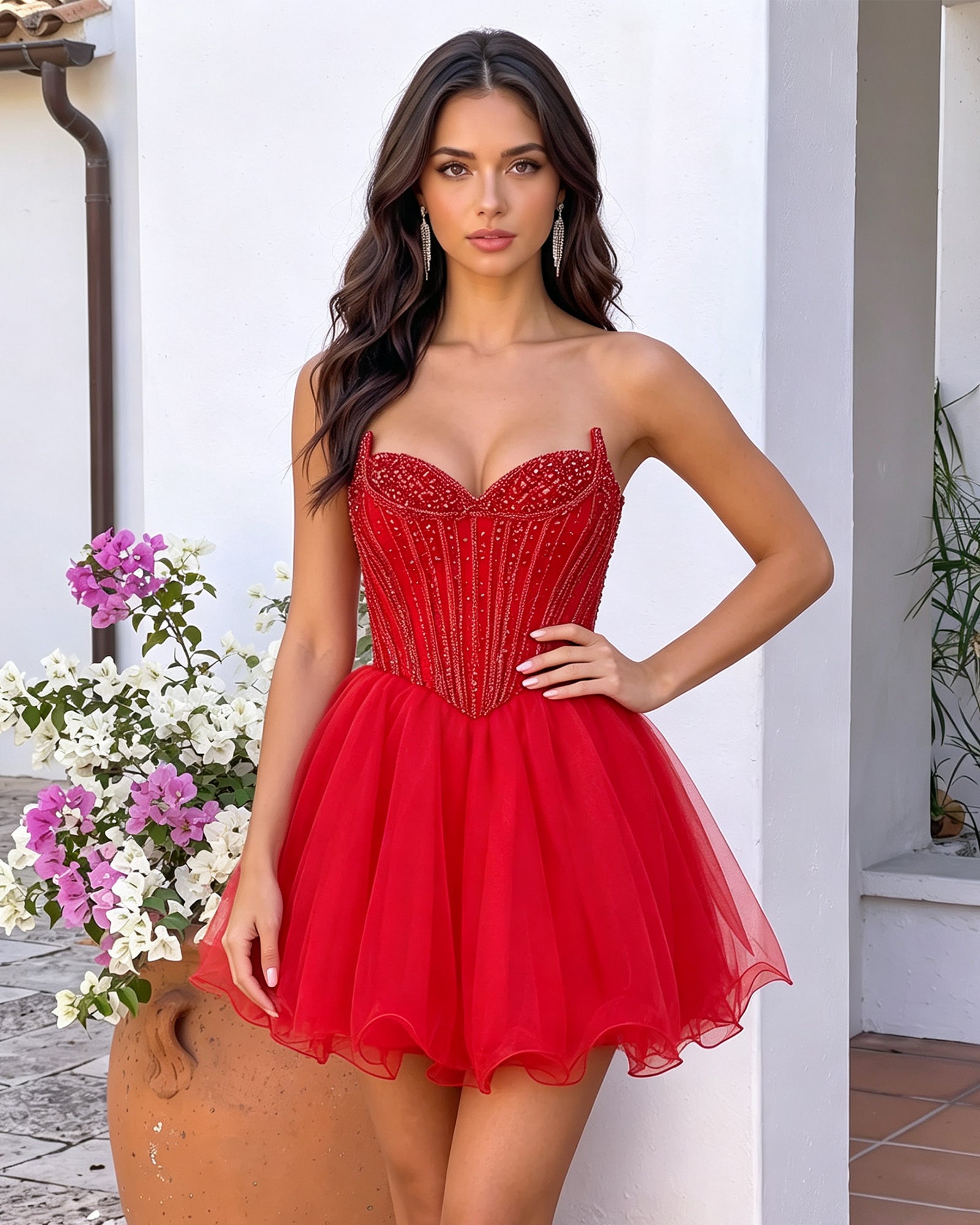 Strapless Sweetheart Beaded Corset Tulle A-Line Mini Homecoming Dress - close-up front view