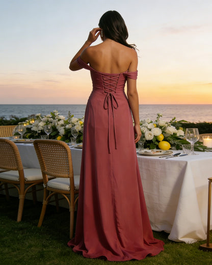 one shoulder satin bridesmaid dress with draped neckline and slit - image 8