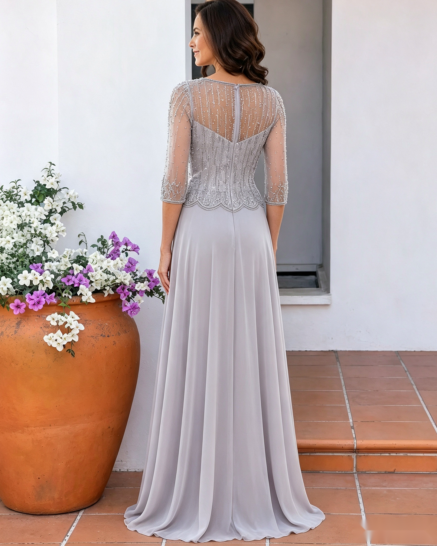 Illusion Lace Three-Quarter Sleeve A-Line Mother of the Bride Dress - full back view