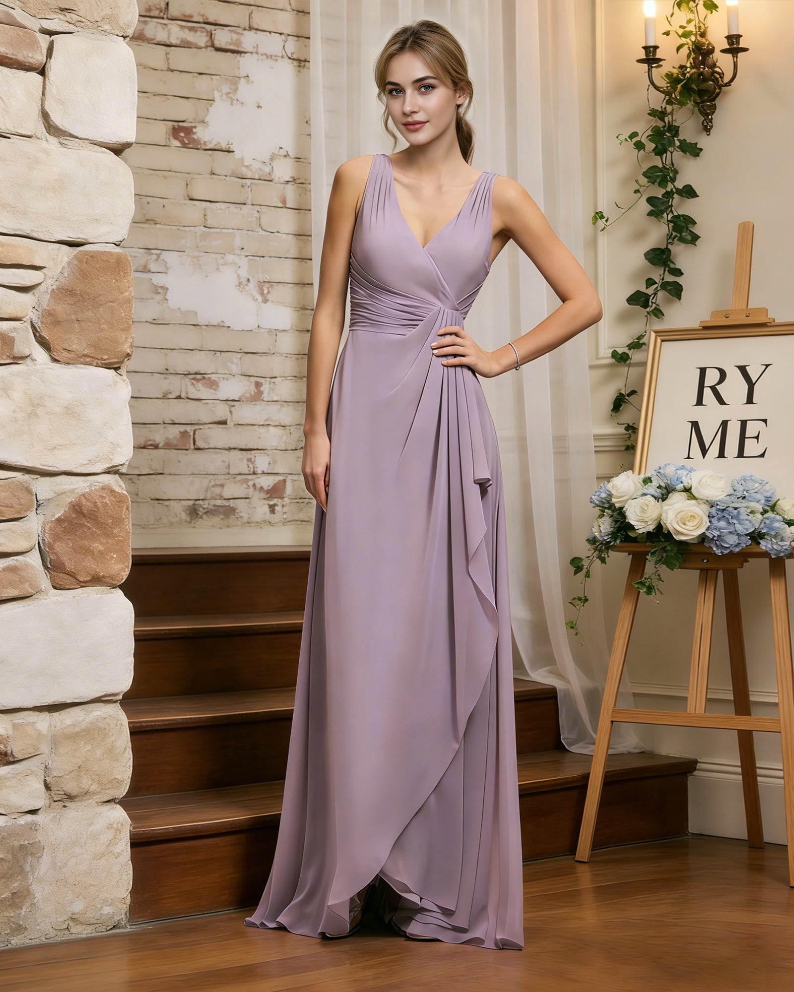 halter V-neck chiffon bridesmaid dress with draped sash waist - image 8