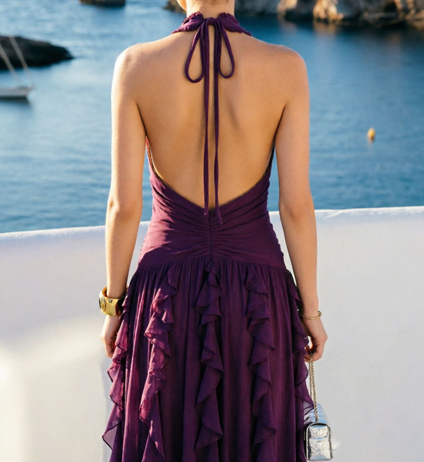 halter V-neck ruffle chiffon formal dress with flowing skirt - image 6
